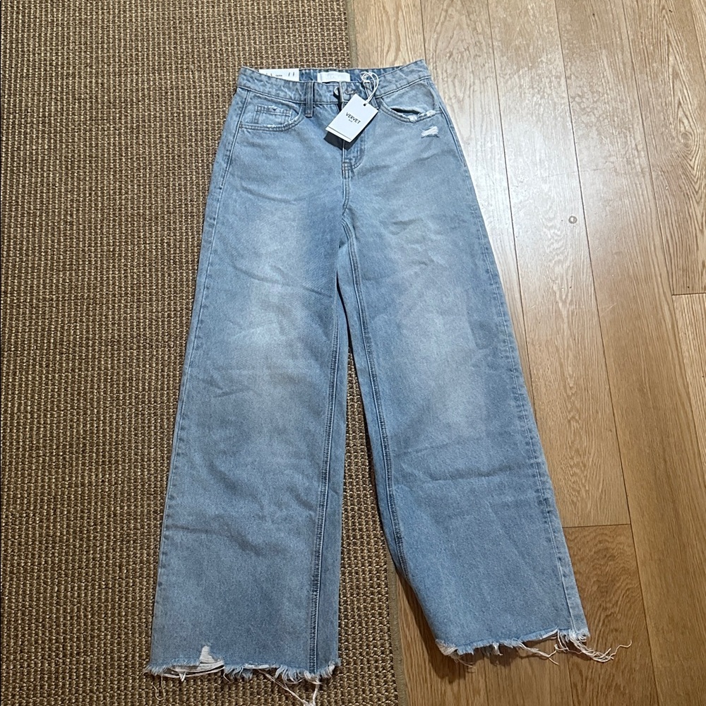 Brand NWT Women's Wide Leg Frayed Light Blue Mom Jeans